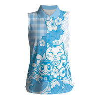 Blue Palaka Hawaiian And Japanese Women Sleeveless Polo Shirt Maneki Neko And Sakura Bloom DT05 Female Blue - Polynesian Pride