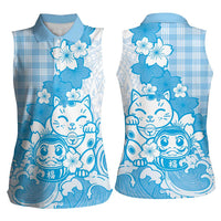 Blue Palaka Hawaiian And Japanese Women Sleeveless Polo Shirt Maneki Neko And Sakura Bloom DT05 - Polynesian Pride