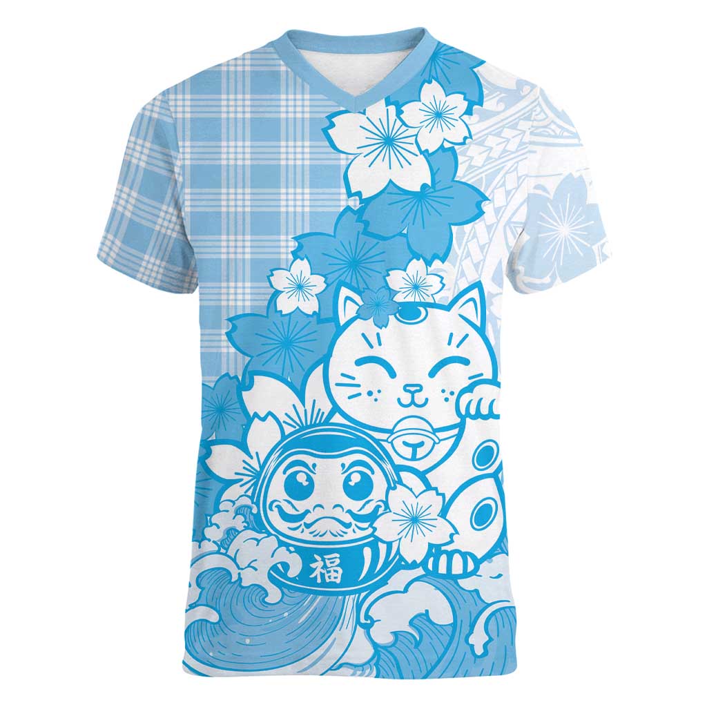 Blue Palaka Hawaiian And Japanese Women V-Neck T-Shirt Maneki Neko And Sakura Bloom DT05 Female Blue - Polynesian Pride