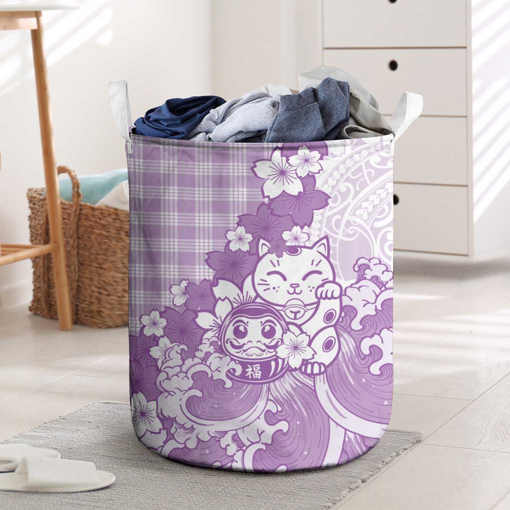 Purple Palaka Hawaiian And Japanese Laundry Basket Maneki Neko And Sakura Bloom DT05 Purple - Polynesian Pride