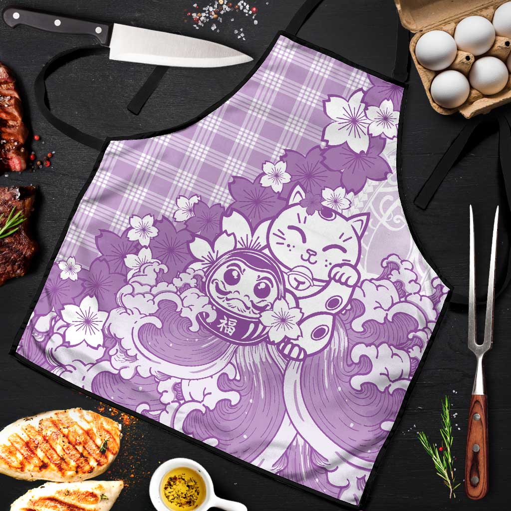 Purple Palaka Hawaiian And Japanese Apron Maneki Neko And Sakura Bloom