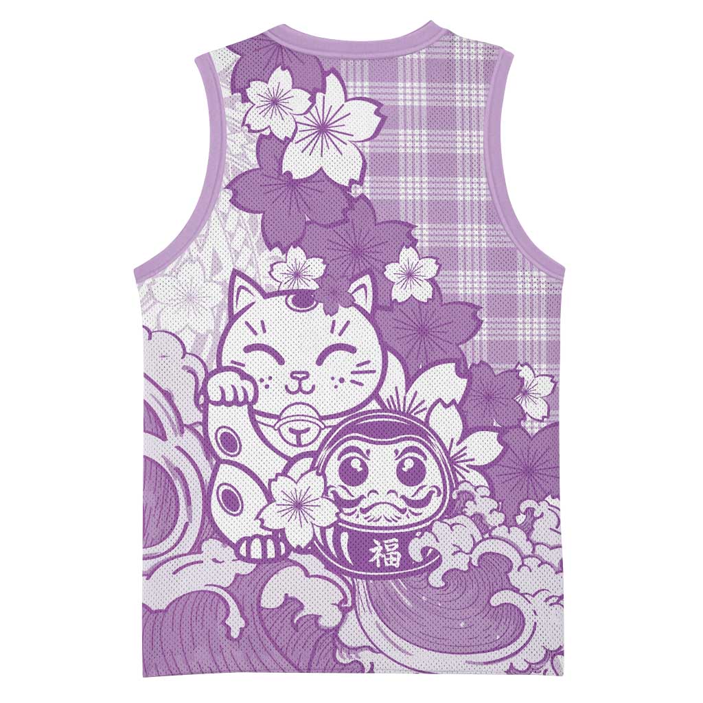 Purple Palaka Hawaiian And Japanese Basketball Jersey Maneki Neko And Sakura Bloom