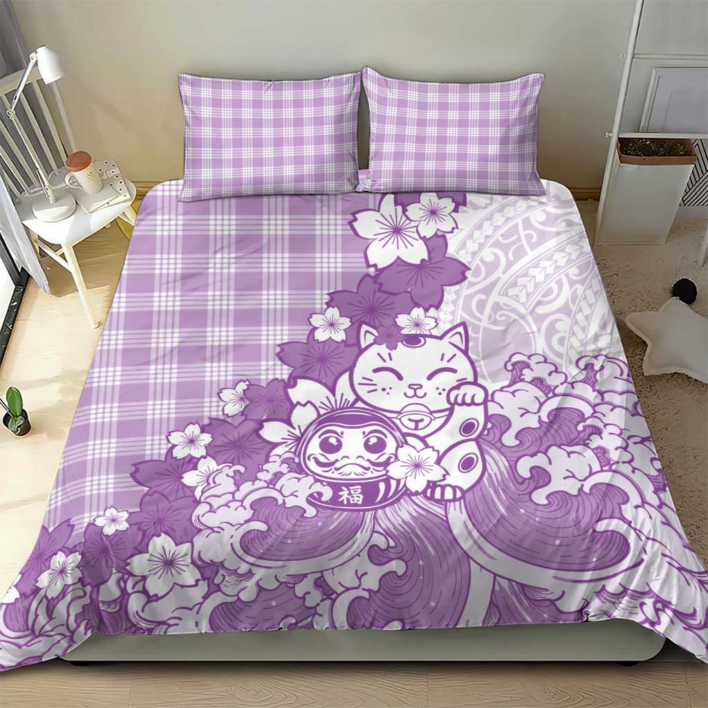 Purple Palaka Hawaiian And Japanese Bedding Set Maneki Neko And Sakura Bloom