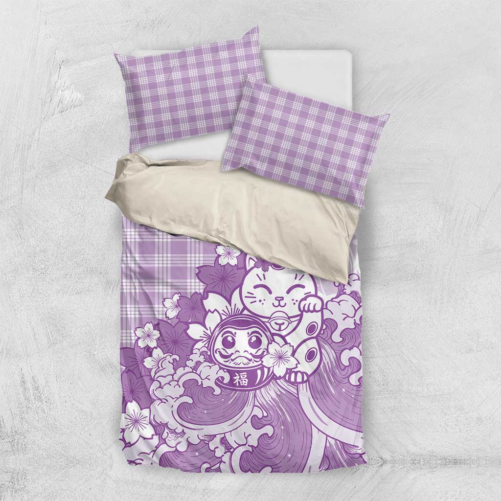 Purple Palaka Hawaiian And Japanese Bedding Set Maneki Neko And Sakura Bloom