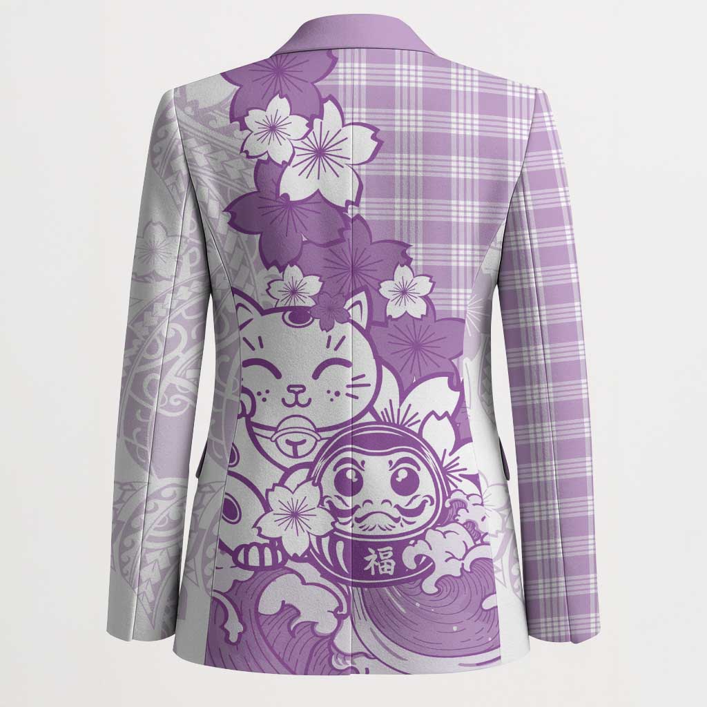 Purple Palaka Hawaiian And Japanese Blazer Maneki Neko And Sakura Bloom