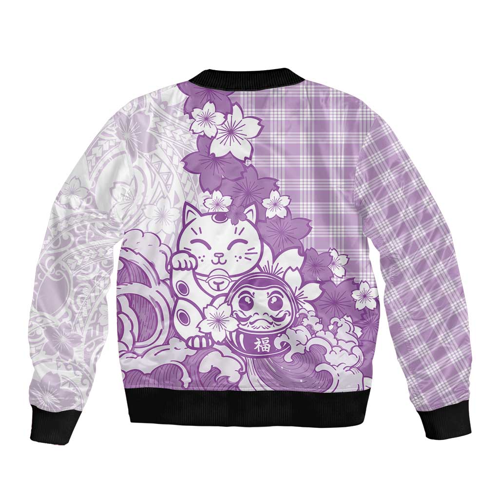 Purple Palaka Hawaiian And Japanese Bomber Jacket Maneki Neko And Sakura Bloom