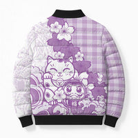 Purple Palaka Hawaiian And Japanese Bomber Puffer Jacket Maneki Neko And Sakura Bloom