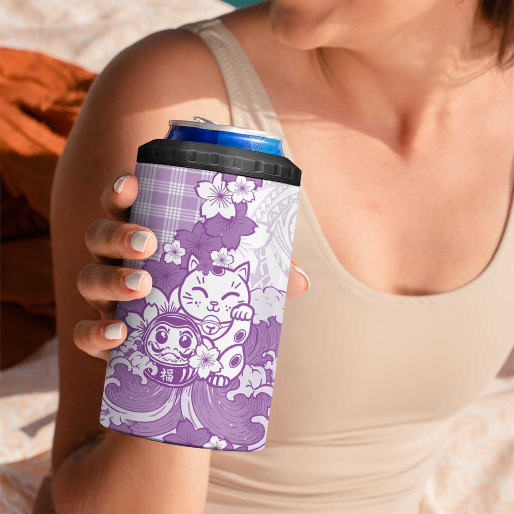 Purple Palaka Hawaiian And Japanese 4 in 1 Can Cooler Tumbler Maneki Neko And Sakura Bloom DT05 - Polynesian Pride