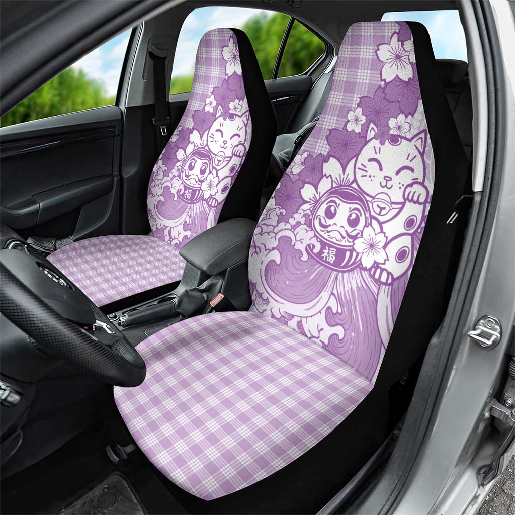 Purple Palaka Hawaiian And Japanese Car Seat Cover Maneki Neko And Sakura Bloom