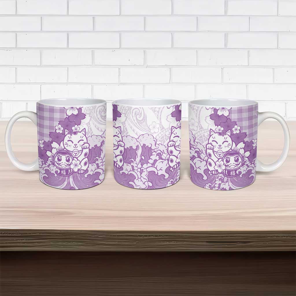 Purple Palaka Hawaiian And Japanese Ceramic Mug Maneki Neko And Sakura Bloom