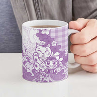 Purple Palaka Hawaiian And Japanese Ceramic Mug Maneki Neko And Sakura Bloom
