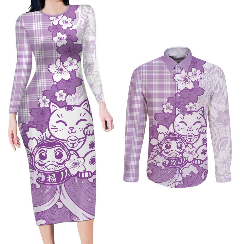 Purple Palaka Hawaiian And Japanese Couples Matching Long Sleeve Bodycon Dress and Long Sleeve Button Shirt Maneki Neko And Sakura Bloom DT05 Purple - Polynesian Pride