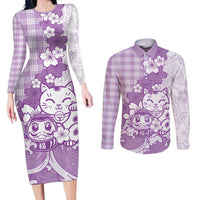 Purple Palaka Hawaiian And Japanese Couples Matching Long Sleeve Bodycon Dress and Long Sleeve Button Shirt Maneki Neko And Sakura Bloom DT05 Purple - Polynesian Pride