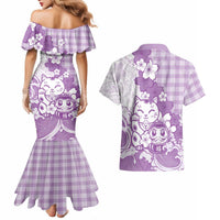 Purple Palaka Hawaiian And Japanese Couples Matching Mermaid Dress and Hawaiian Shirt Maneki Neko And Sakura Bloom DT05 - Polynesian Pride