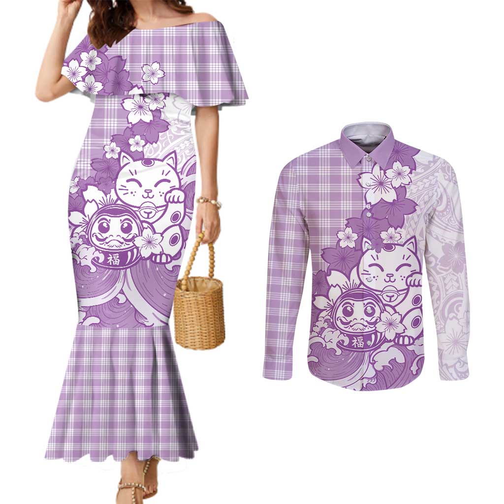 Purple Palaka Hawaiian And Japanese Couples Matching Mermaid Dress and Long Sleeve Button Shirt Maneki Neko And Sakura Bloom DT05 Purple - Polynesian Pride