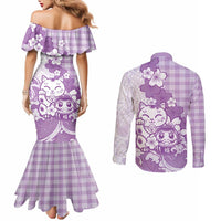 Purple Palaka Hawaiian And Japanese Couples Matching Mermaid Dress and Long Sleeve Button Shirt Maneki Neko And Sakura Bloom DT05 - Polynesian Pride