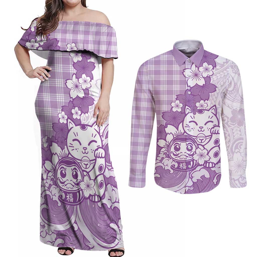 Purple Palaka Hawaiian And Japanese Couples Matching Off Shoulder Maxi Dress and Long Sleeve Button Shirt Maneki Neko And Sakura Bloom DT05 Purple - Polynesian Pride