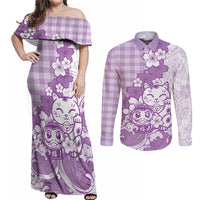 Purple Palaka Hawaiian And Japanese Couples Matching Off Shoulder Maxi Dress and Long Sleeve Button Shirt Maneki Neko And Sakura Bloom DT05 Purple - Polynesian Pride