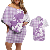 Purple Palaka Hawaiian And Japanese Couples Matching Off Shoulder Short Dress and Hawaiian Shirt Maneki Neko And Sakura Bloom DT05 Purple - Polynesian Pride
