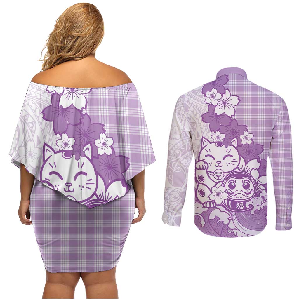 Purple Palaka Hawaiian And Japanese Couples Matching Off Shoulder Short Dress and Long Sleeve Button Shirt Maneki Neko And Sakura Bloom DT05 - Polynesian Pride