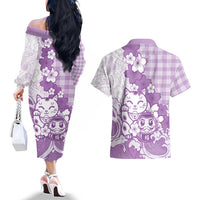 Purple Palaka Hawaiian And Japanese Couples Matching Off The Shoulder Long Sleeve Dress and Hawaiian Shirt Maneki Neko And Sakura Bloom DT05 - Polynesian Pride