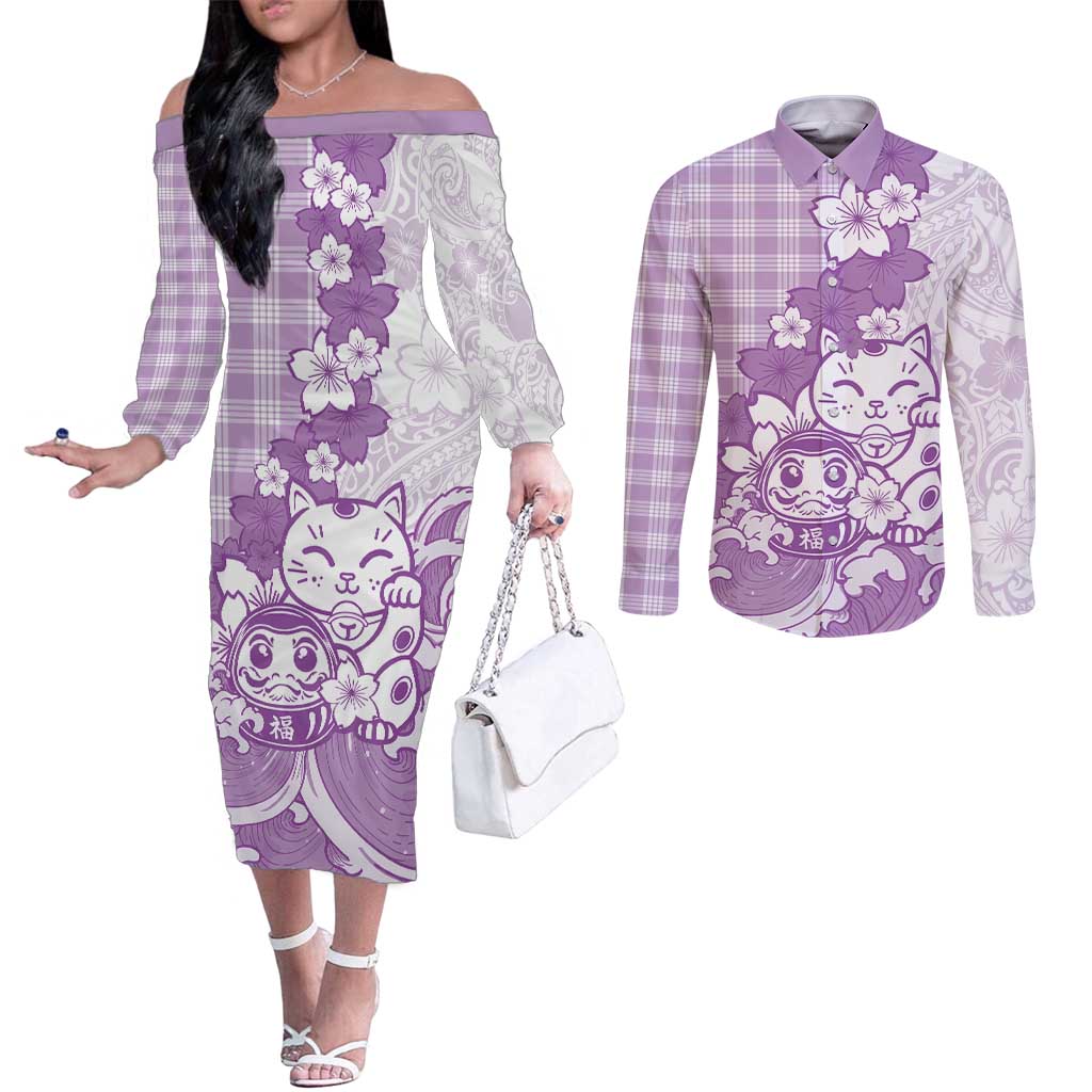Purple Palaka Hawaiian And Japanese Couples Matching Off The Shoulder Long Sleeve Dress and Long Sleeve Button Shirt Maneki Neko And Sakura Bloom DT05 Purple - Polynesian Pride