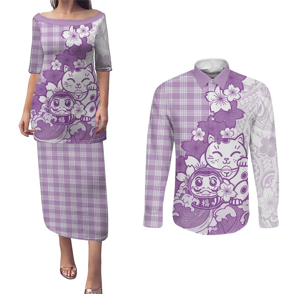 Purple Palaka Hawaiian And Japanese Couples Matching Puletasi and Long Sleeve Button Shirt Maneki Neko And Sakura Bloom DT05 Purple - Polynesian Pride