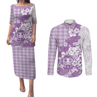 Purple Palaka Hawaiian And Japanese Couples Matching Puletasi and Long Sleeve Button Shirt Maneki Neko And Sakura Bloom DT05 Purple - Polynesian Pride