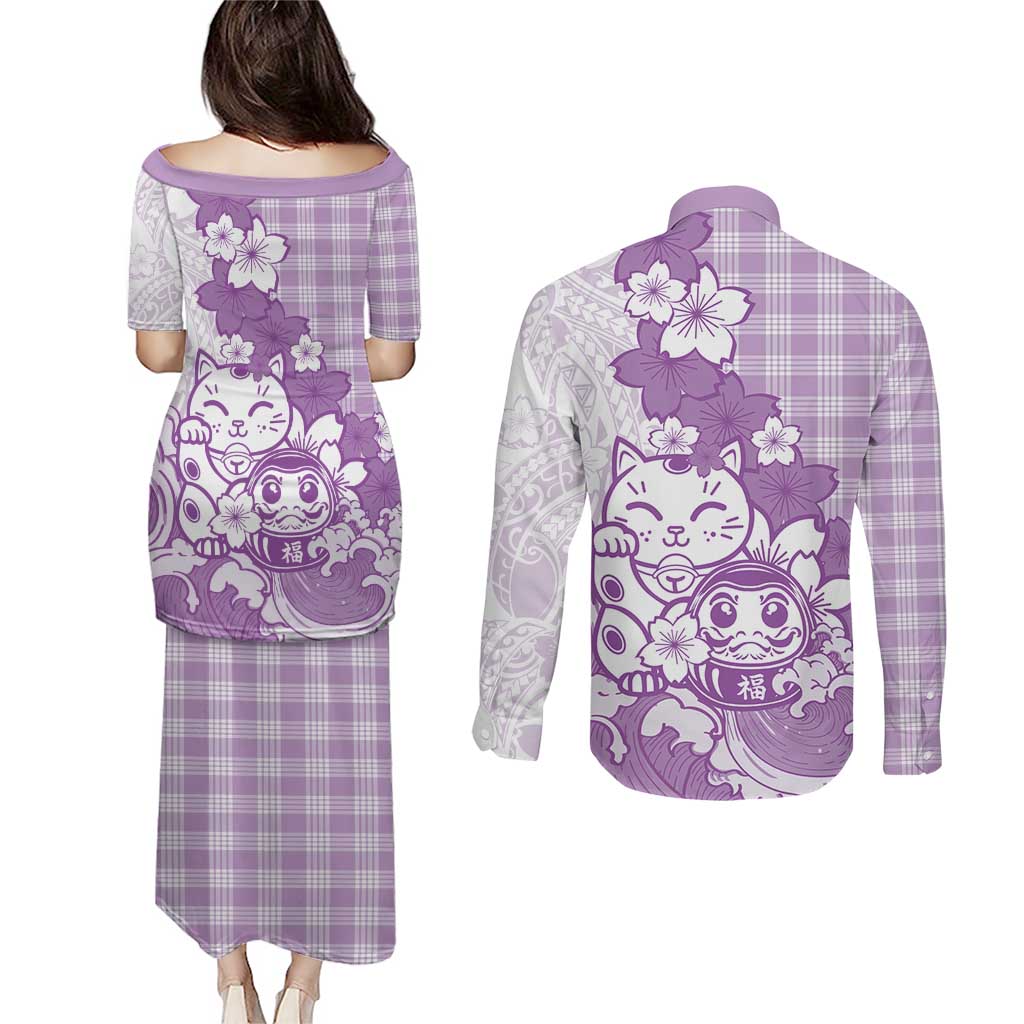 Purple Palaka Hawaiian And Japanese Couples Matching Puletasi and Long Sleeve Button Shirt Maneki Neko And Sakura Bloom DT05 - Polynesian Pride