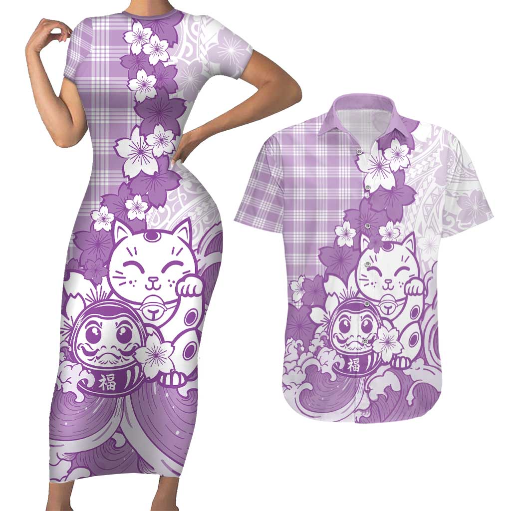 Purple Palaka Hawaiian And Japanese Couples Matching Short Sleeve Bodycon Dress and Hawaiian Shirt Maneki Neko And Sakura Bloom DT05 Purple - Polynesian Pride