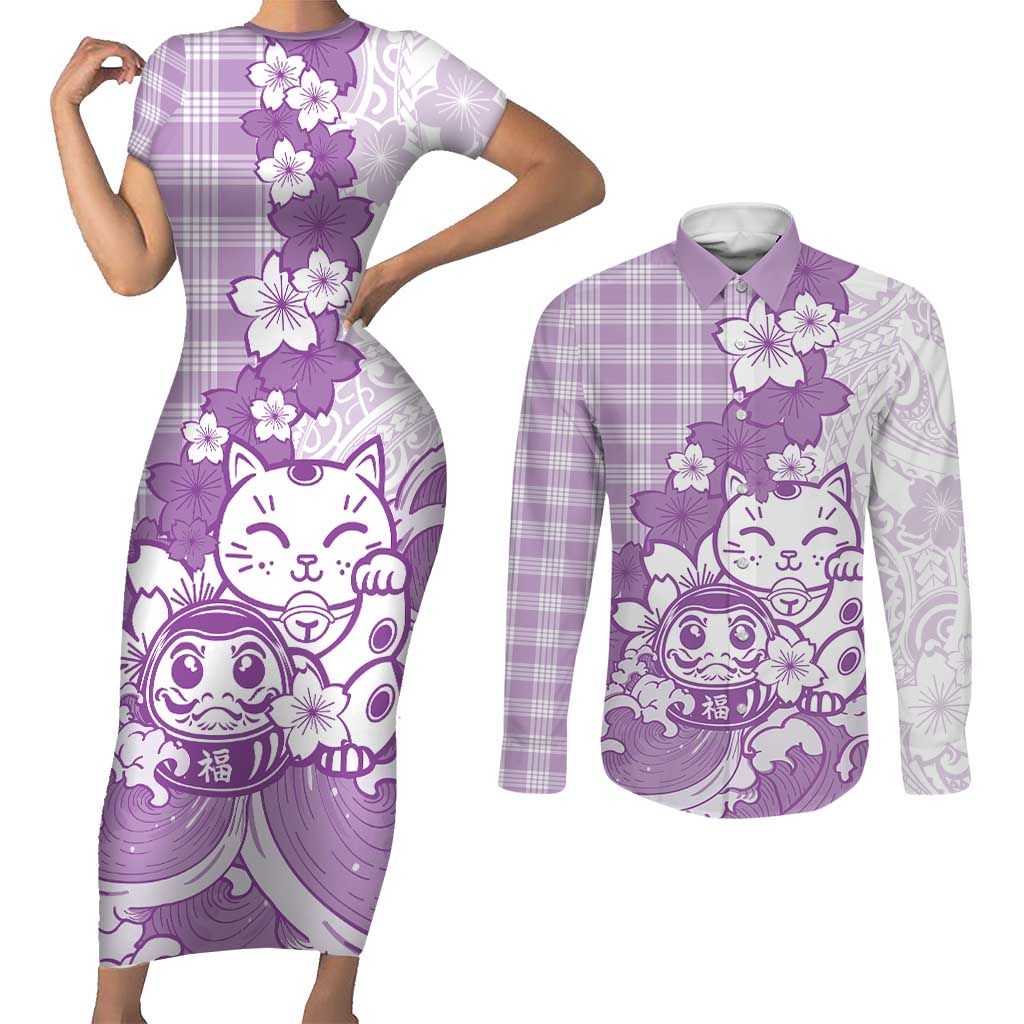 Purple Palaka Hawaiian And Japanese Couples Matching Short Sleeve Bodycon Dress and Long Sleeve Button Shirt Maneki Neko And Sakura Bloom DT05 Purple - Polynesian Pride