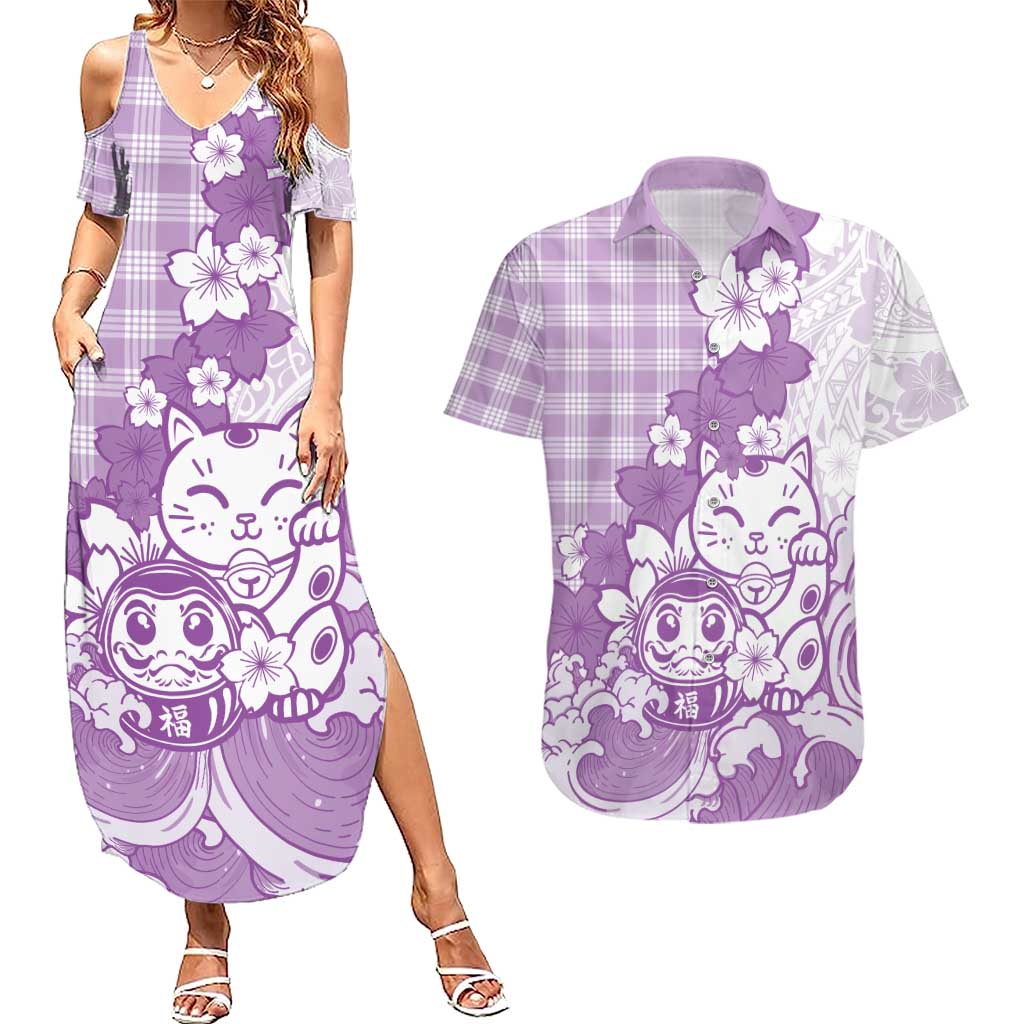 Purple Palaka Hawaiian And Japanese Couples Matching Summer Maxi Dress and Hawaiian Shirt Maneki Neko And Sakura Bloom DT05 Purple - Polynesian Pride