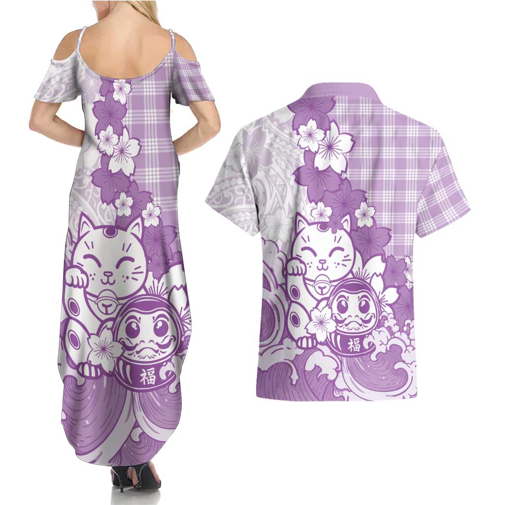 Purple Palaka Hawaiian And Japanese Couples Matching Summer Maxi Dress and Hawaiian Shirt Maneki Neko And Sakura Bloom DT05 - Polynesian Pride