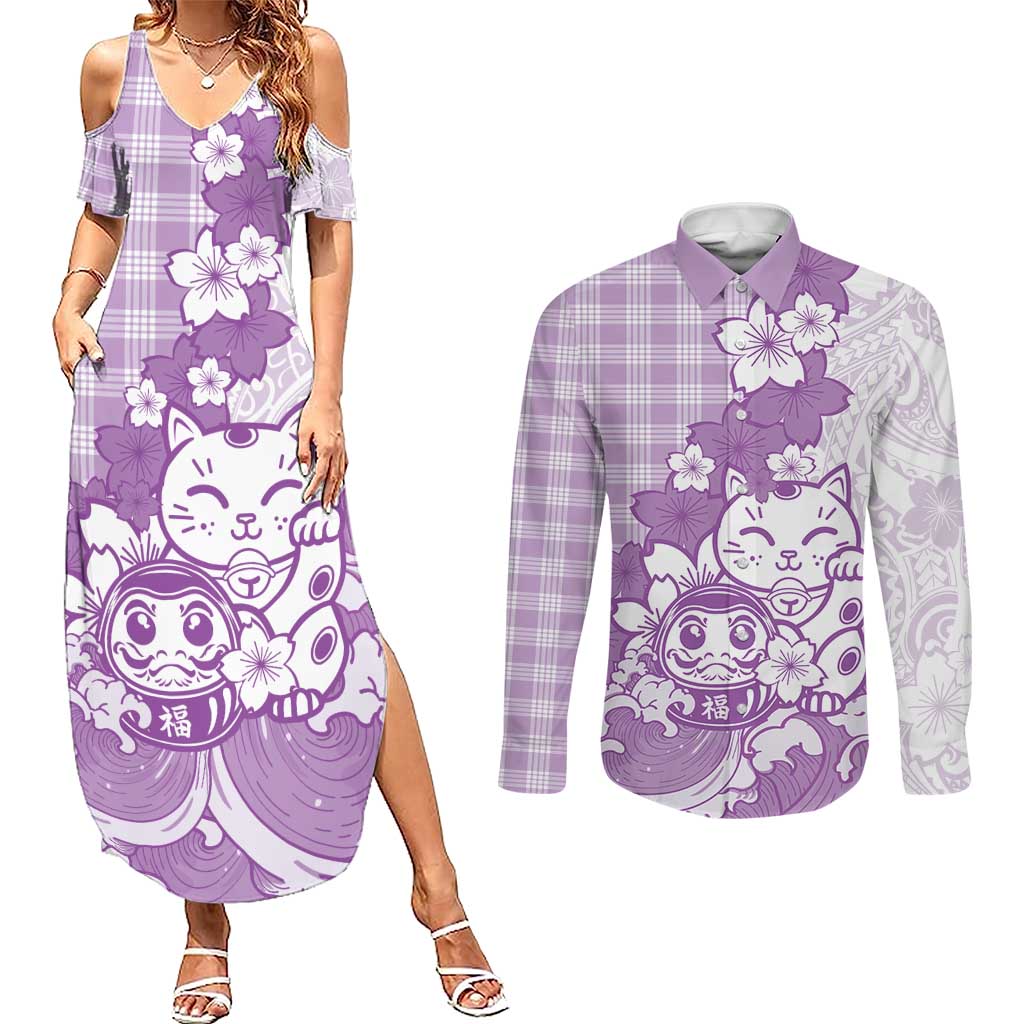 Purple Palaka Hawaiian And Japanese Couples Matching Summer Maxi Dress and Long Sleeve Button Shirt Maneki Neko And Sakura Bloom DT05 Purple - Polynesian Pride