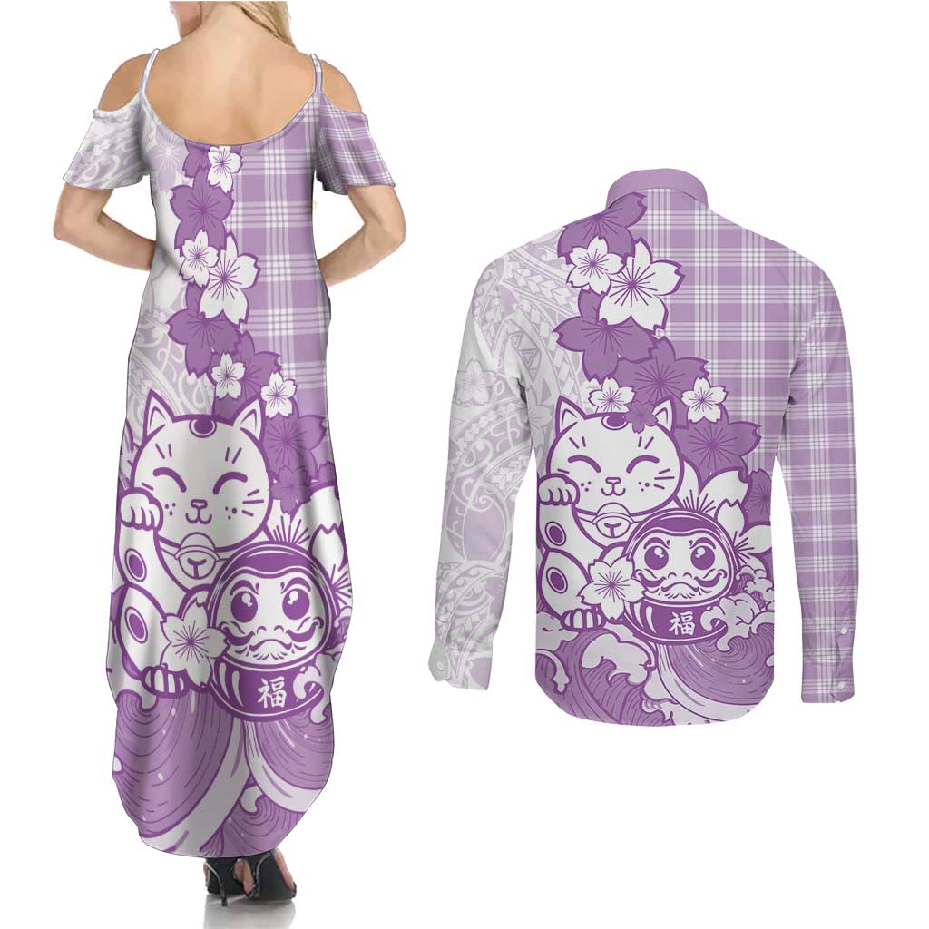 Purple Palaka Hawaiian And Japanese Couples Matching Summer Maxi Dress and Long Sleeve Button Shirt Maneki Neko And Sakura Bloom DT05 - Polynesian Pride