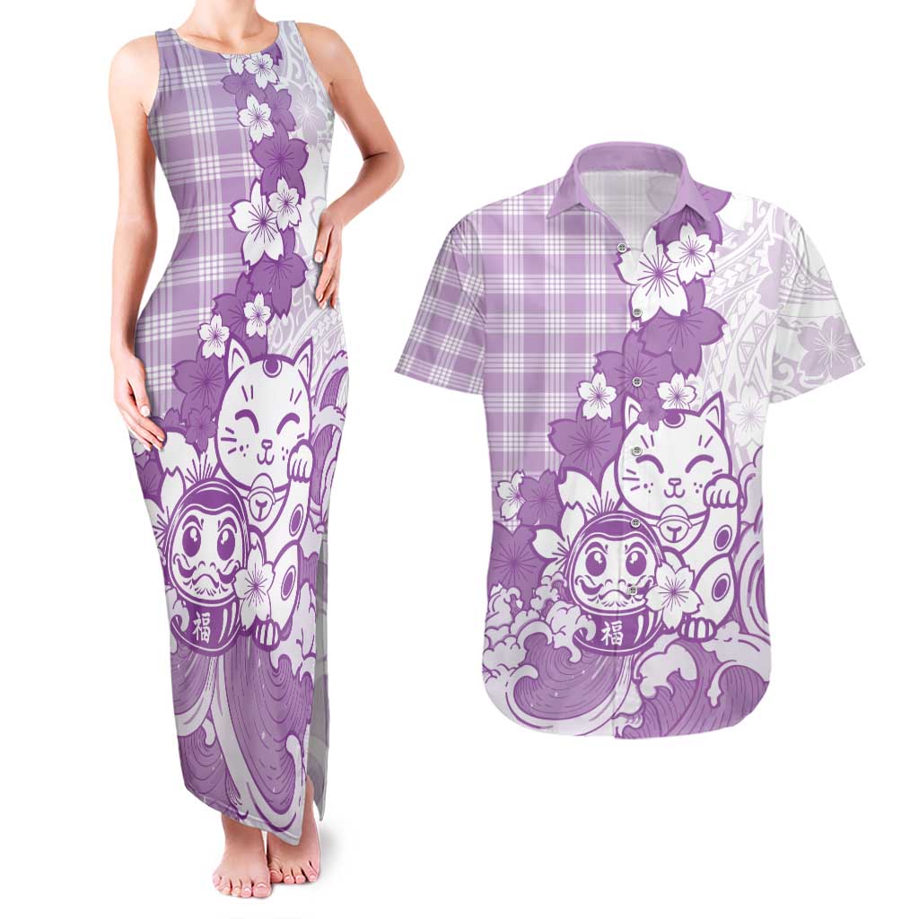 Purple Palaka Hawaiian And Japanese Couples Matching Tank Maxi Dress and Hawaiian Shirt Maneki Neko And Sakura Bloom DT05 Purple - Polynesian Pride