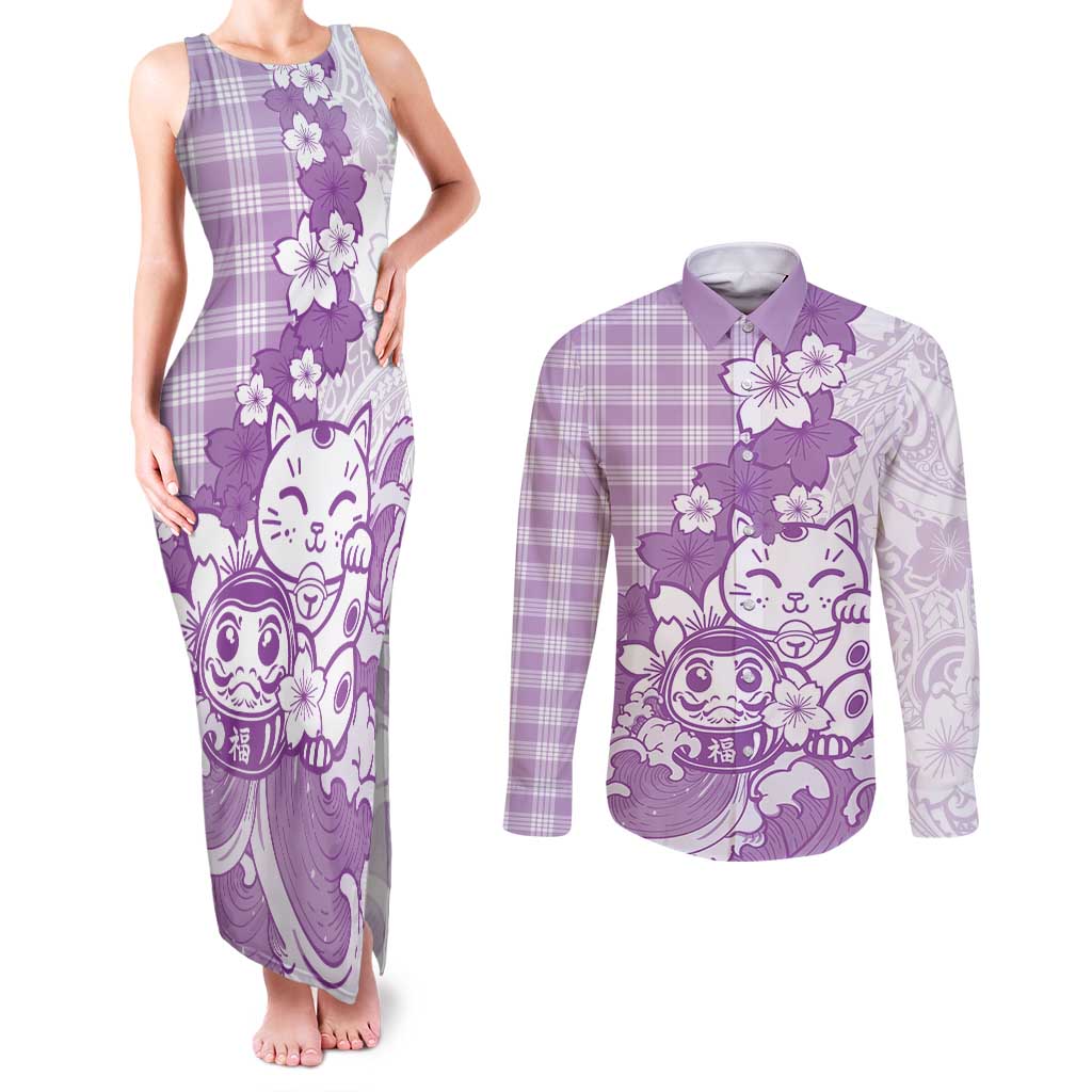 Purple Palaka Hawaiian And Japanese Couples Matching Tank Maxi Dress and Long Sleeve Button Shirt Maneki Neko And Sakura Bloom DT05 Purple - Polynesian Pride