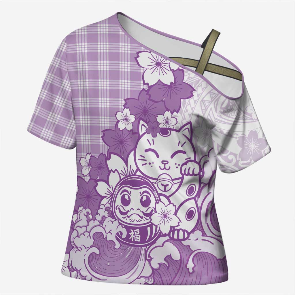 Purple Palaka Hawaiian And Japanese Cross Shoulder Shirt Maneki Neko And Sakura Bloom
