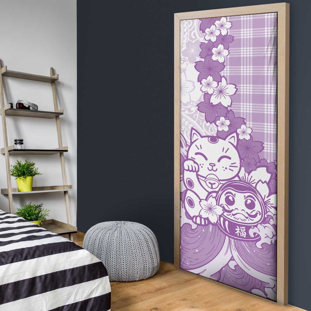 Purple Palaka Hawaiian And Japanese Door Cover Maneki Neko And Sakura Bloom
