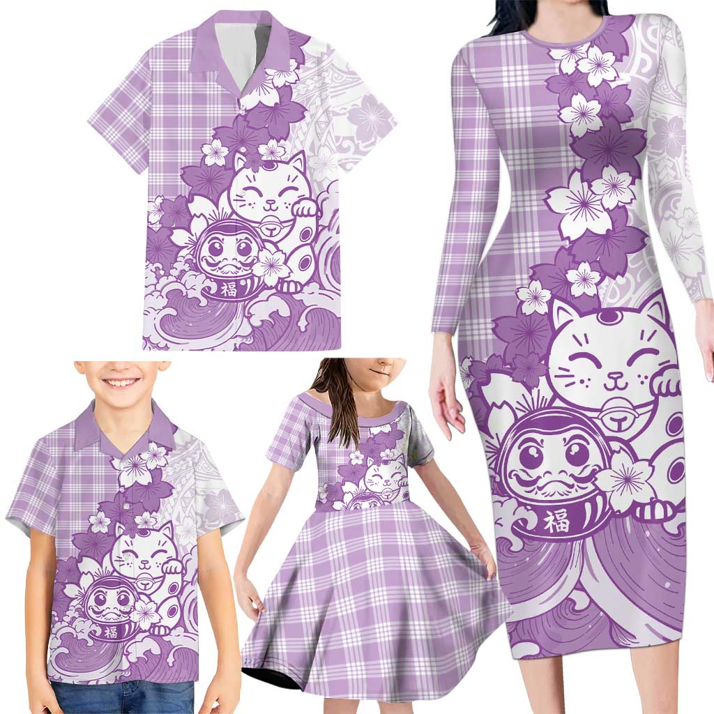 Purple Palaka Hawaiian And Japanese Family Matching Long Sleeve Bodycon Dress and Hawaiian Shirt Maneki Neko And Sakura Bloom DT05 - Polynesian Pride