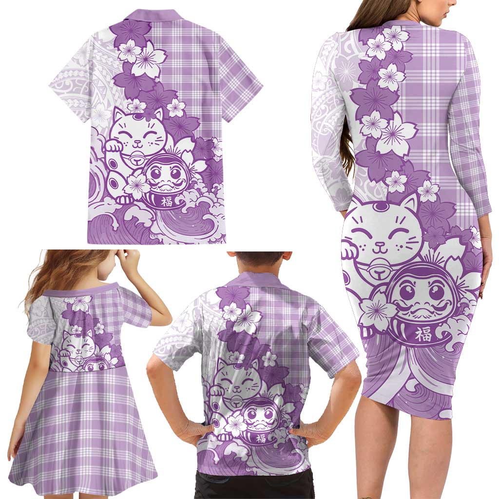 Purple Palaka Hawaiian And Japanese Family Matching Long Sleeve Bodycon Dress and Hawaiian Shirt Maneki Neko And Sakura Bloom DT05 - Polynesian Pride