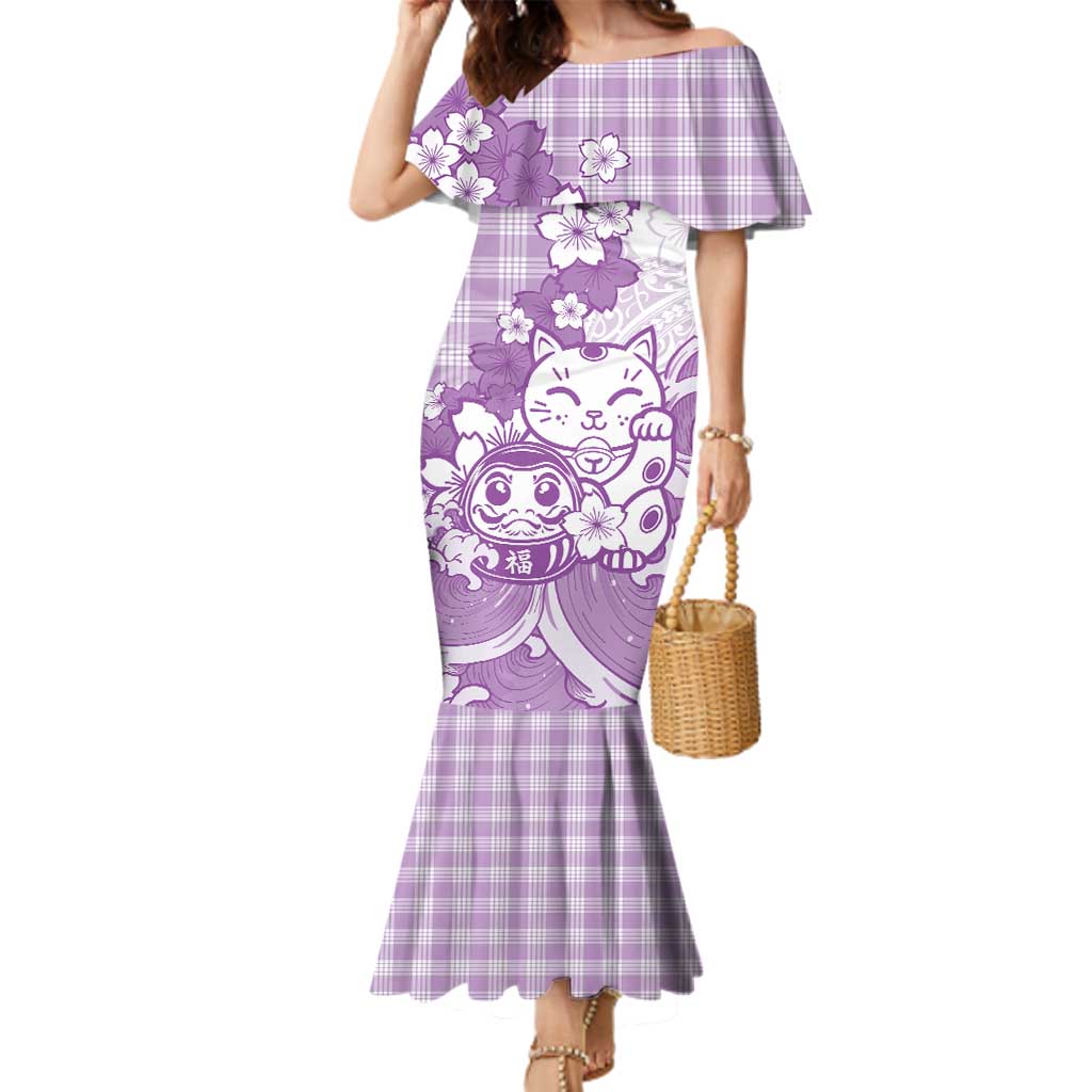 Purple Palaka Hawaiian And Japanese Family Matching Mermaid Dress and Hawaiian Shirt Maneki Neko And Sakura Bloom DT05 Mom's Dress Purple - Polynesian Pride