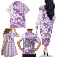 Purple Palaka Hawaiian And Japanese Family Matching Off The Shoulder Long Sleeve Dress and Hawaiian Shirt Maneki Neko And Sakura Bloom DT05 - Polynesian Pride