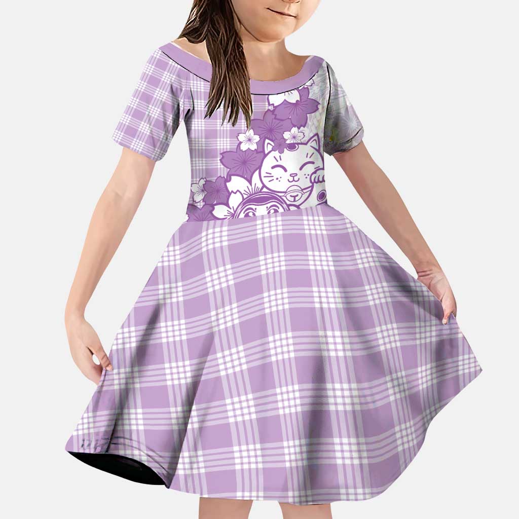 Purple Palaka Hawaiian And Japanese Family Matching Off Shoulder Short Dress and Hawaiian Shirt Maneki Neko And Sakura Bloom DT05 Daughter's Dress Purple - Polynesian Pride
