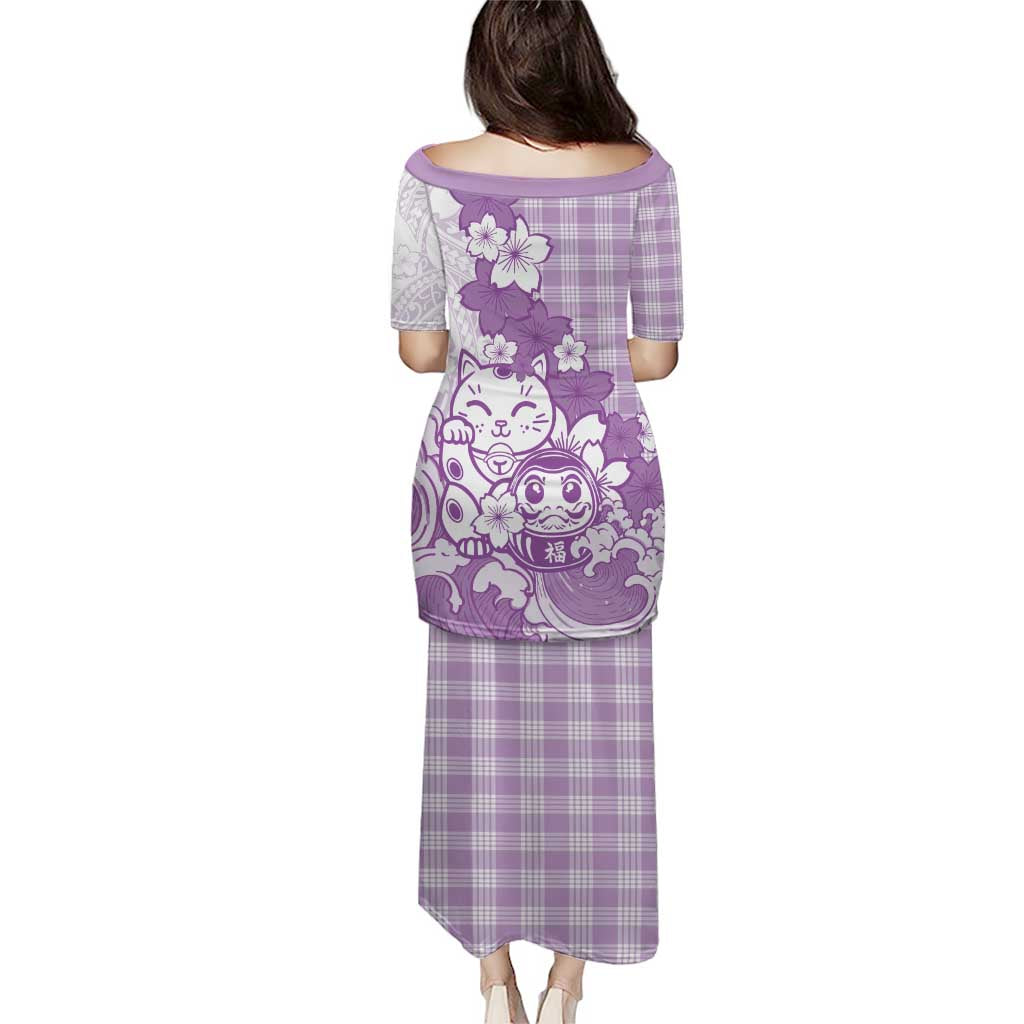 Purple Palaka Hawaiian And Japanese Family Matching Puletasi and Hawaiian Shirt Maneki Neko And Sakura Bloom DT05 - Polynesian Pride
