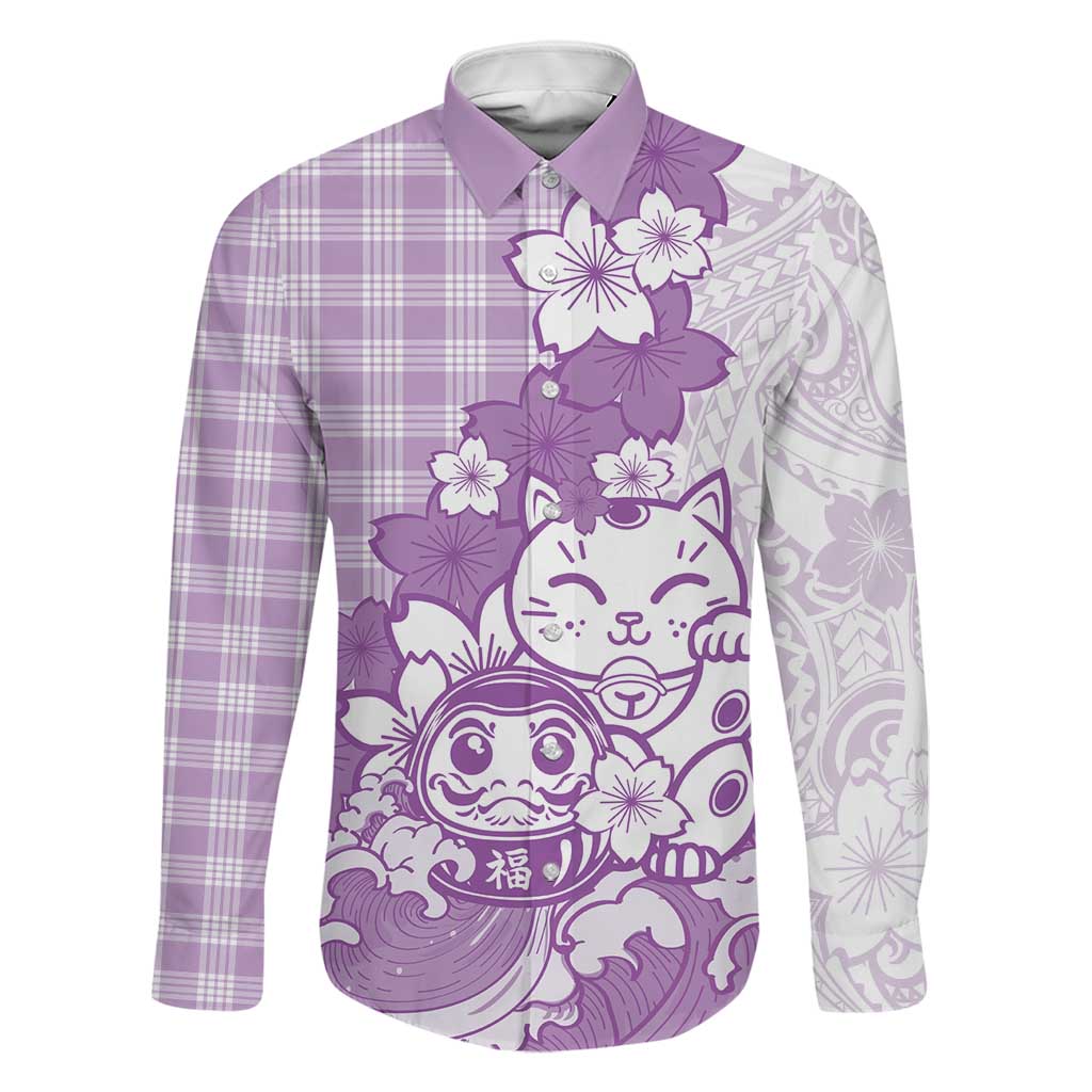 Purple Palaka Hawaiian And Japanese Family Matching Short Sleeve Bodycon Dress and Hawaiian Shirt Maneki Neko And Sakura Bloom DT05 Dad's Shirt - Long Sleeve Purple - Polynesian Pride