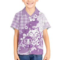 Purple Palaka Hawaiian And Japanese Family Matching Short Sleeve Bodycon Dress and Hawaiian Shirt Maneki Neko And Sakura Bloom DT05 Son's Shirt Purple - Polynesian Pride
