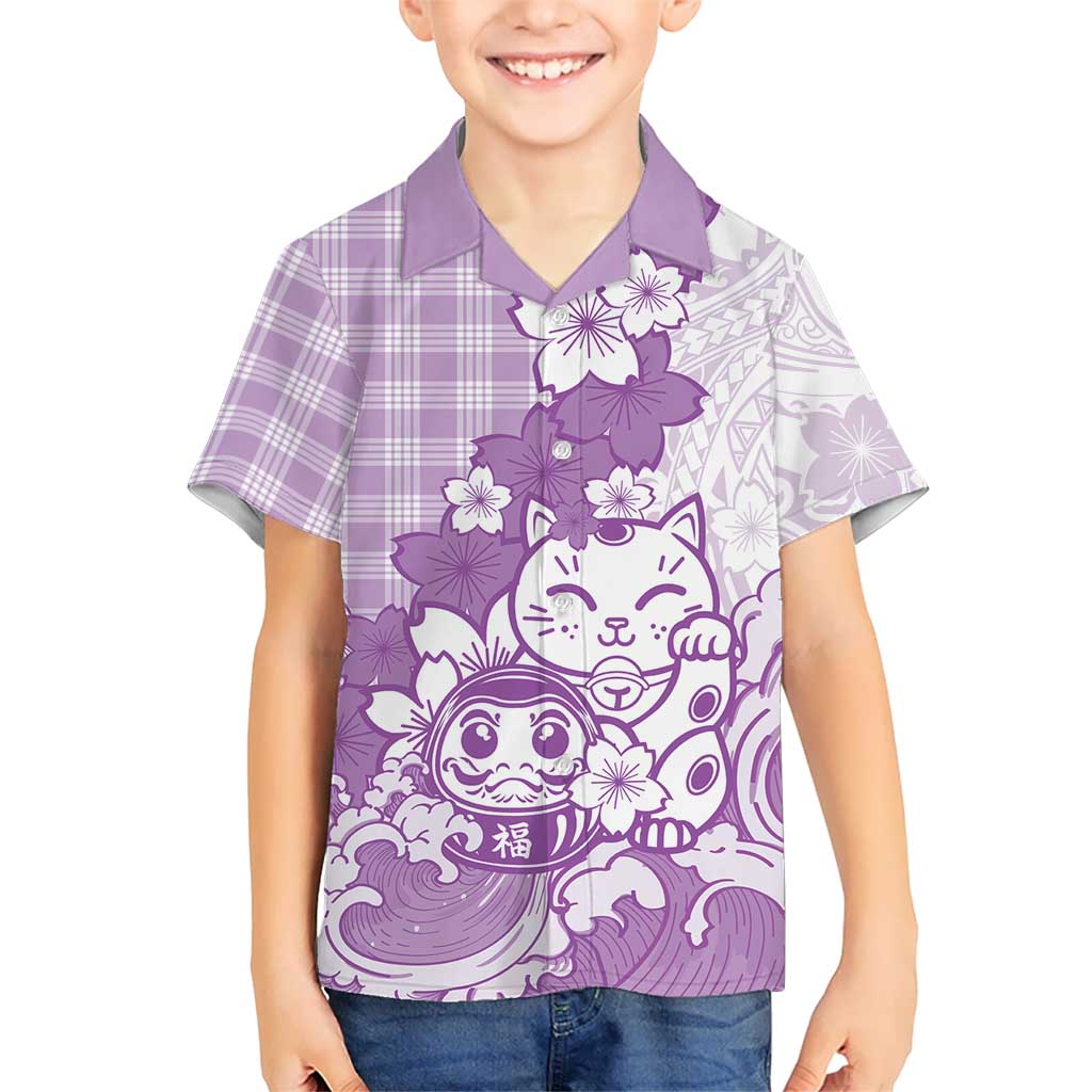 Purple Palaka Hawaiian And Japanese Kid Hawaiian Shirt Maneki Neko And Sakura Bloom DT05 Kid Purple - Polynesian Pride