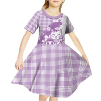 Purple Palaka Hawaiian And Japanese Kid Short Sleeve Dress Maneki Neko And Sakura Bloom