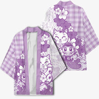 Purple Palaka Hawaiian And Japanese Kimono Maneki Neko And Sakura Bloom